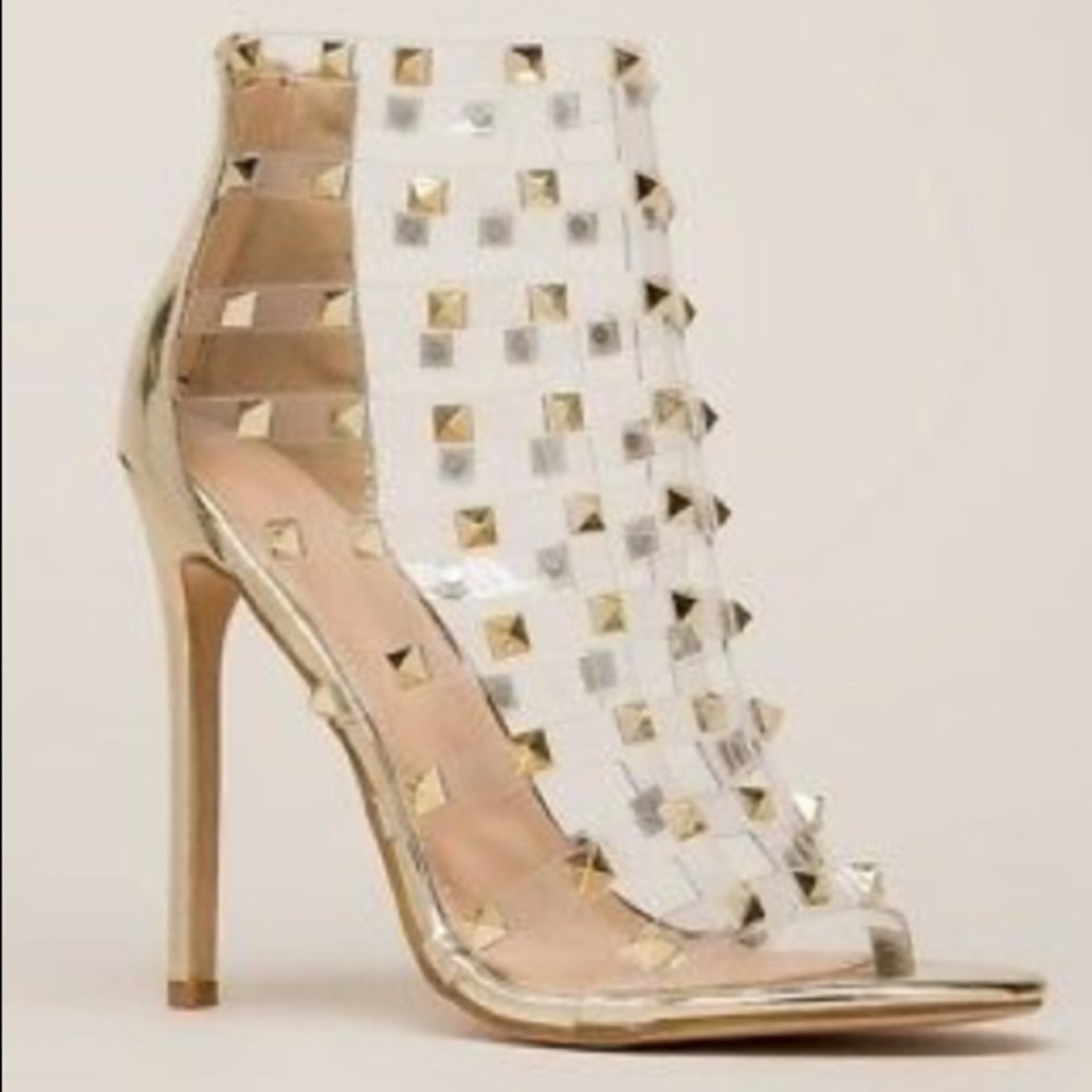 Size 6.5 Liliana Stud Caged Heel in Gold and Clear